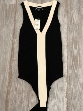 Express Black & Cream V-Neck Swearter Bodysuit